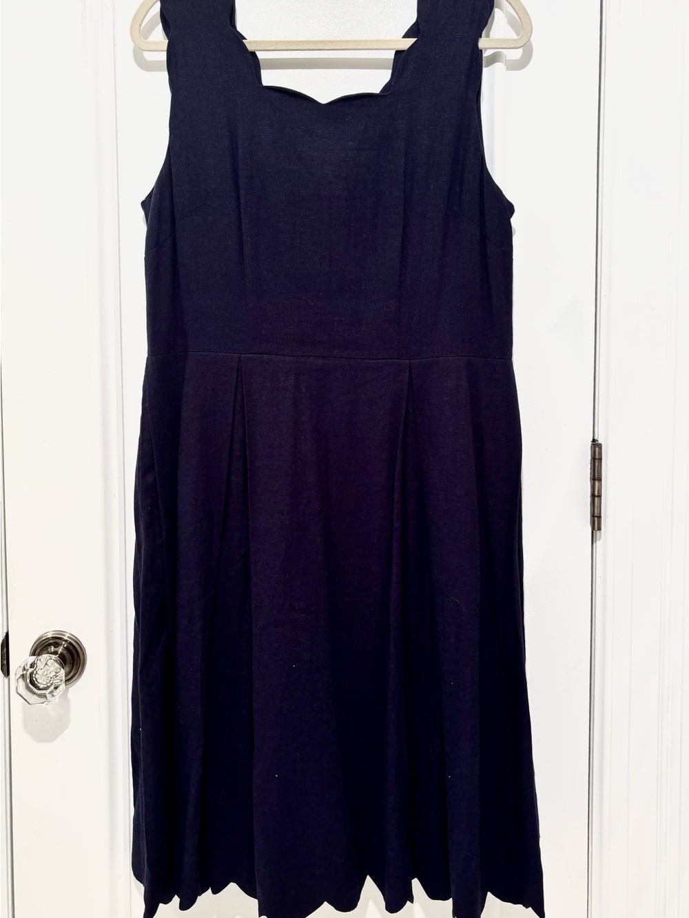 For Cynthia Navy Sleeveless Dress with Scalloped Trim